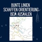 Text: "Bunte Linien schaffen Orientierung beim Ausmalen."
Illustration: Ninja mit Schwert, umgeben von Pflanzen.