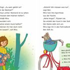 Ben fragt nach dem Besitzer. Mira will einem Hund helfen. Illustration zeigt Mira, Hund im Fahrradkorb, und eine Fragebox.