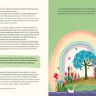 Texte: Über Glaubensvorstellungen zum Paradies in verschiedenen Religionen. Illustration: Landschaft mit Baum, Regenbogen, Enten.