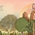 Text: „Wir haben alles dabei, was wir brauchen...“ Illustration: Freundlicher Riese und Tier im bunten Wald.