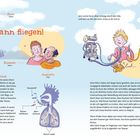 "Kuno kann fliegen!", neben einer Illustration von Kuno, der fliegt und seinen Eltern. Technik-Info zur Atmungshilfe.