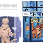 Text: "O nein! Was ist das denn!" und "GROAR!" Ein Junge erschrickt vor einem kleinen Drachen am Fenster.