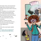 Ein junger Mann im "Super Grill" frittierte Pommes. Daneben Kinder mit lockigen Haaren, Hund und Ketchup- und Senfflaschen.