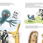 Krähe überfliegt ein Puzzle, ruft "KRA, KRA, KRA!", Streit mit Tieren darunter. Illustrationen von Tieren mit komischen Ausdrücken.