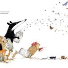 „Tut mir leid“, sagte Jan. Tiere mit Gläsern lassen Insekten frei. Ein Dachs, ein Hase, ein Igel und andere Tiere sind fröhlich.