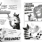 Ein Zebra spricht über Pläne und Vorlieben, während es mit einem Löwen interagiert. Der Löwe äußert Vorlieben.