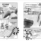 Ein Lemur in Superhelden-Cape spricht mit Vögeln über einen Banküberfall. Dialoge sind motivierend und zweifelnd.