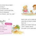 Text: Lotte stupst Paula sanft. Das kitzelt! Illustration: Mädchen und Junge stehen nebeneinander, Junge hält Apfel.