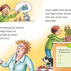 Texte: Schuh-Heizung, Omas Blume, Kater Einstein, Profifrage 1: Zahl im Katzenname? 2, 1, 3. Illustration: Junge gießt Blume.