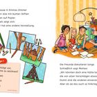 Links oben steht: "Zu Hause in Emmas Zimmer...". Rechts, Kinder mit Papier diskutieren. Unten, "Proffrage 1" zu Hüttenzeichnungen.