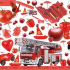 Titel: "Die Farbe Rot". Viele rote Objekte: Feuerwehrwagen, Tomaten, Erdbeeren, Werkzeuge und Marienkäfer.