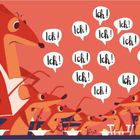 Sprechblasen mit "Ich!". Illustration von Wieselartigen Tieren, eines mit Schürze, umgeben von Essen.