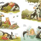 "Nichts tun!", Faulenzen, Picknicken, Karten spielen, Im See planschen. Mensch und Kuh machen entspannende Aktivitäten.