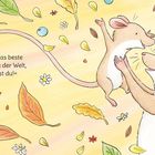 „Denn das beste Geschenk der Welt, das bist du!“ Zwei fröhliche Mäuse umgeben von bunten Blättern und Blumen.