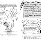 Zwei Sprechblasen: „Sücht das Gegentail vön weniger. Die Früchte von dort essen viele Menschen gerne.“ und „Geht der Sähe auf den Gründ. Ein menneschön ähnliches Geschöp woont mitten im Mull.“ Illustration von Tonni mit Sternen. Notizblock beschreibt Begriffe wie „Affe, Lesewesen, Omamat“.