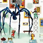 Texte: Sammlung Kunst, Mamma mia!, So alt wie die Menschheit, Manche Menschen ekeln sich, Surrealismus (1917-1950), Impressionismus (1860er bis frühes 20. Jahrhundert). 

Illustration einer großen Spinne, Bilder und Personen in einem Kunstsaal.