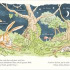 Text: „Wir waren hier und dort und ganz weit fort...“ und „Und wo du bist, da ist auch mein Zuhause...“ Illustration zeigt Tiere und Pflanzen nachts.