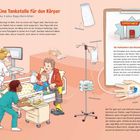 "Eine Tankstelle für den Körper. Mika, 4 Jahre, Magen-Darm-Infekt. Mika liegt im Bett. Ihm ist schon seit Tagen übel." 

Illustration von Krankenhauszimmer mit Ärzten, Pfleger und Kind im Bett, verbunden mit Infusion.