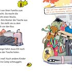 Links: Text über Ellies Ankunft mit Gepäck. Rechts: Illustration von Koffern, darunter ungewöhnliche Objekte wie eine Lampe.