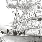 Aufschrift am Baum: "The Great Buruk." Illustration eines eindrucksvollen Schiffs mit einem Baum auf Deck. Personen tragen Kisten an Bord.