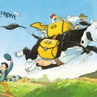 Text: "...Post austragen." Eine fliegende Kuh mit gelben Taschen und Hühnern, ein rennender Postbote, ländliche Umgebung.