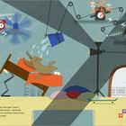 Texte: Drörrrr, Kling, Dringgg, Tröööt. Text: "Sie ist jeden Morgen kaum wach zu bekommen, deshalb hat Opa eine Aufwachmaschine für sie erfunden."  

Illustration eines Hundes, der aus einem schrägen Bett fällt. Im Hintergrund sind verschiedene Weckgeräte und eine andere Figur, die neugierig hereinschaut.