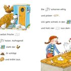 Lilli darf selbst frische Eier bei den Hühnern holen. Ein Hahn kräht. Lilli sammelt Eier im Stall ein.