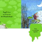 „Segelt Peter da auf dem See im Mondschein?“ und „Nein, es ist Jeremias Quaddel.“ Illustration: Frosch auf Seerosenblatt.