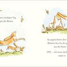 "An einem windigen Tag fliegen die Blätter." Große und kleine Hasen jagen Blättern hinterher. Ein Hase muss sich ausruhen.