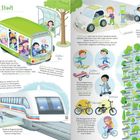 Titel: "Die 'grüne' Stadt". Text beschreibt umweltfreundliche Mobilität wie U-Bahn, Elektro-Busse, Fahrräder, und vertikale Wälder. Illustrationen zeigen Fahrzeuge und Gebäuden mit Pflanzen.