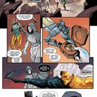 Comic-Illustration mit Dialog. Figuren erkunden ein Gebiet, eine hält einen kompakten Apparat. Namen: ONSLAUGHT, MALEKITH, KILLMONGER.