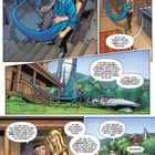 Comic-Seite mit einem Mann und einer Frau. Der Mann hat einen ausgedehnten, elastischen Arm. Sie unterhalten sich und fahren in einem futuristischen Auto.