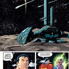 "Die Justice Society of America war für uns immer eine Quelle der Inspiration." und "Ihr wart die Ersten..." Zwei Figuren im Weltall, eine Heldenfigur mit rotem Umhang, im Hintergrund eine futuristische Basis.