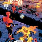 Texte: „... dauert der Krieg bereits Jahre.” „Ich ... glaube mein visueller Stream ist jetzt mit dem anderen mut Synchron.”  
Illustration von Helden in roten Anzügen auf zerklüftetem Boden mit leuchtendem Himmel.