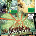 Comic-Szenen mit John Stewart, der gegen Kanjar Ro spricht, Energiefelder nutzt und einer bewaffneten Gruppe gegenübersteht.