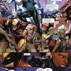 Comic-Szene mit kämpfenden Helden und Monstern. Eine Figur sitzt entspannt, isst Chips. Dialoge über Einschätzungen und Strategien.