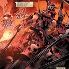 Text beschreibt eine Brücke namens Gjallerbru, Skurge kämpft als Henker. Krieger in Rüstung schießen mit Waffen, viele kämpfen.