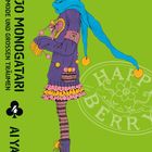 "Gokinjo Monogatari", vertikaler Text, Illustration: Person in bunter, modischer Kleidung auf grünem Hintergrund.