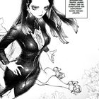 „Miho Won, Anführerin der Superhelden-Gruppierung 'SuperString'.“ Dynamische Frau in Anzug, Blumen im Hintergrund.