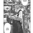 "Fünf Personen, richtig?" und "Bitte kommen Sie mit!" Ein Kellner in Uniform steht in einem Restaurant mit Tellern in der Hand.