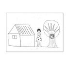 Illustration: Ein Kind in geblümtem Kleid steht neben einem Haus und einem Baum mit Vogel im Nest.