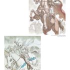 Links | Band 7, Seite 142: "Die Wächter der Träume", B4. Oben: Ritter auf Pferd mit erhobenem Schwert. Unten: Ritter mit Lanze auf weißem Pferd.