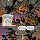 Comic-Illustration: Batman, Nightwing und Batgirl stehen auf einer Kathedrale mit Wasserspeiern. Sie planen eine Mission.