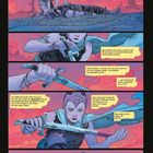 Texte auf Deutsch in gelben Boxen zeigen Gedanken einer Figur. Szenerie: Gestalt kniet bei Sonnenuntergang; hebt ein Schwert.