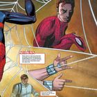 Comic-Illustration: Titel "Petes Geheimidentität". Szenen mit Spider-Man, Netzdüsen, Pete ohne Geld. Visuelle Spannung.