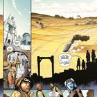 „MINA-RAU im Äußeren Rand.“ Ein futuristisches Setting auf einem Wüstenplaneten mit Menschen und Erntemaschinen.