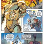 Eine Comic-Seite mit einem großen Roboter namens Ultron. Er spricht von Rettung und verfolgt Ziele. Explosionen und Aktion.
