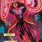 Texte: „Das ist nicht mein Name.“ „Aber die irdische Ebene hat einen obersten Zauberer: mich, Wanda Maximoff.“ Illustration einer Frau in magischer Pose mit Kreisen.