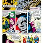 Comic-Panel mit Dialogen zwischen Figuren: Darkseid, Desaad und vier Superhelden. Szenen von Maschinen, Ruinen und einer Versammlung.