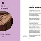 Links steht „Jan van Eyck“ und „Das Arnolfini-Porträt, 1434“ auf lila Hintergrund. Rechts Überschrift „Eine den Tod überwindende Liebe“. Darunter Fließtext.